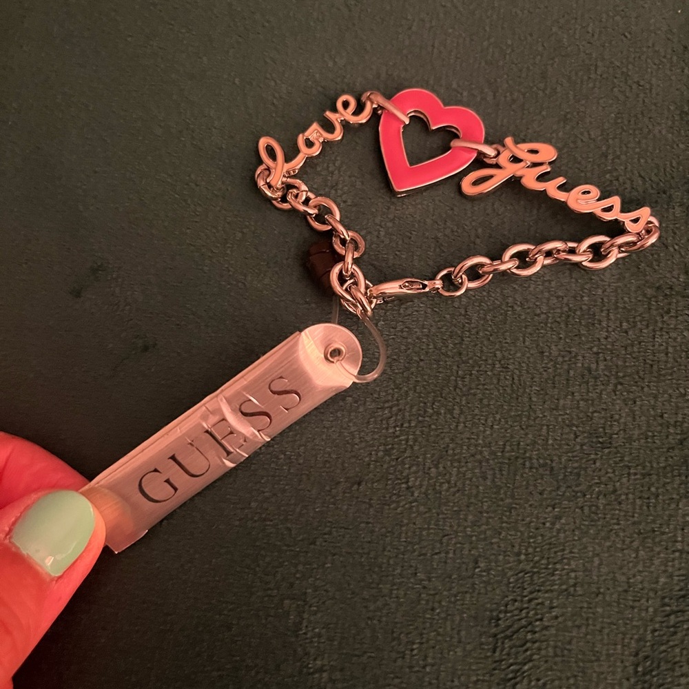 Guess Silver Bracelet with Pink Heart Accent